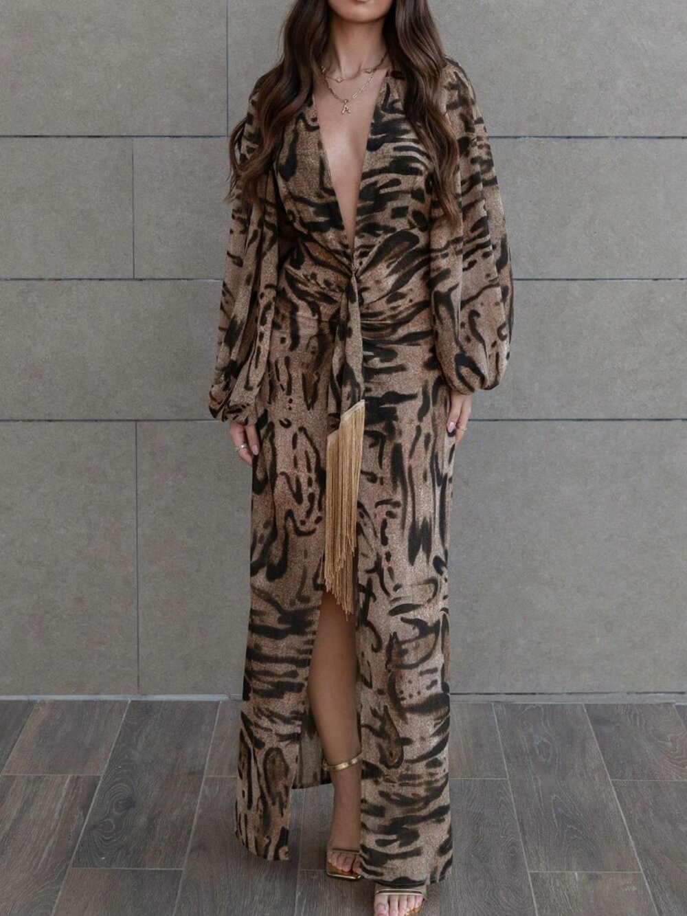 Brown Sexy Women's Elegant Tassel Zebra Print Long Sleeved Maxi Dress